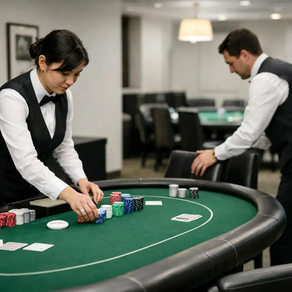 Staff arranging a poker table before an evening, placing chips as table props and adjusting chairs in the card lounge.