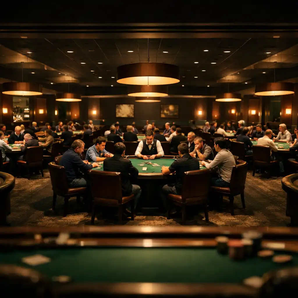 Wide shot of the card lounge during a poker evening, showing multiple tables and the interplay of light and shadow.