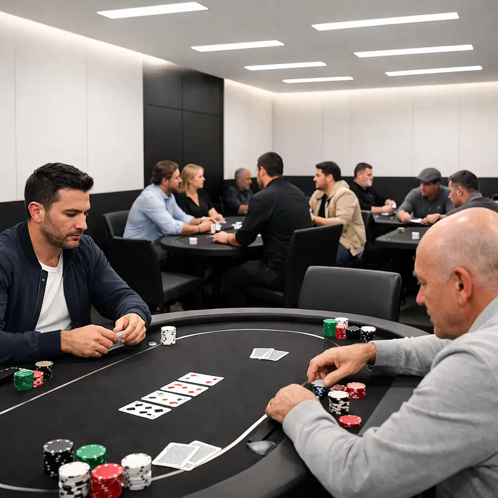 Card lounge at Brass & Onyx during a poker evening, with players in smart casual attire at neatly arranged tables