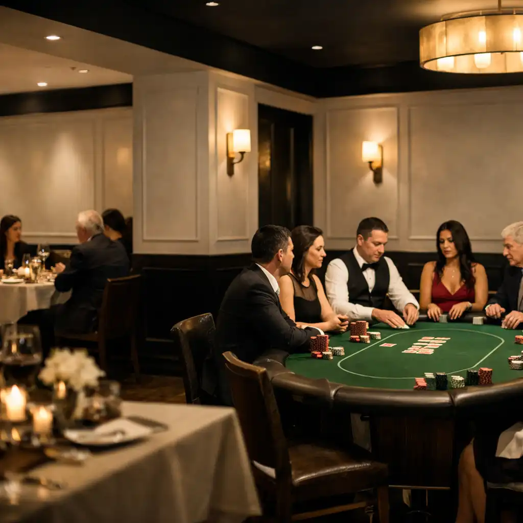 Elegant restaurant evening with a real offline poker table at Brass & Onyx