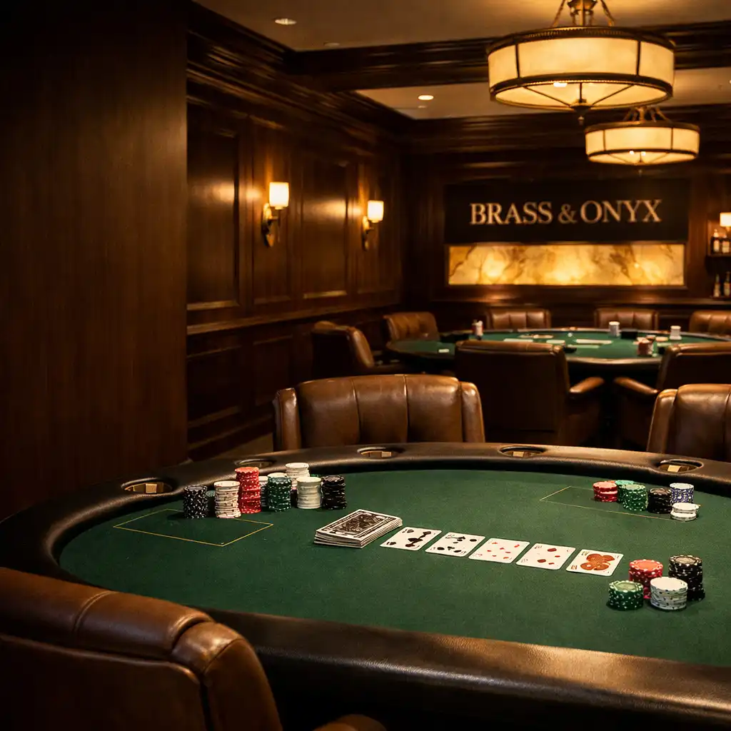 The card lounge at Brass & Onyx with several poker tables set with green felt and chips as props