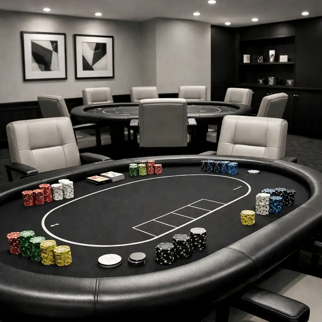 Dedicated card lounge at Brass & Onyx with professional poker tables, felt surfaces, and chips arranged as table props only