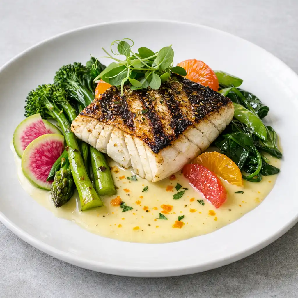 A chef's seasonal selection dish with roasted vegetables, protein, and delicate sauce