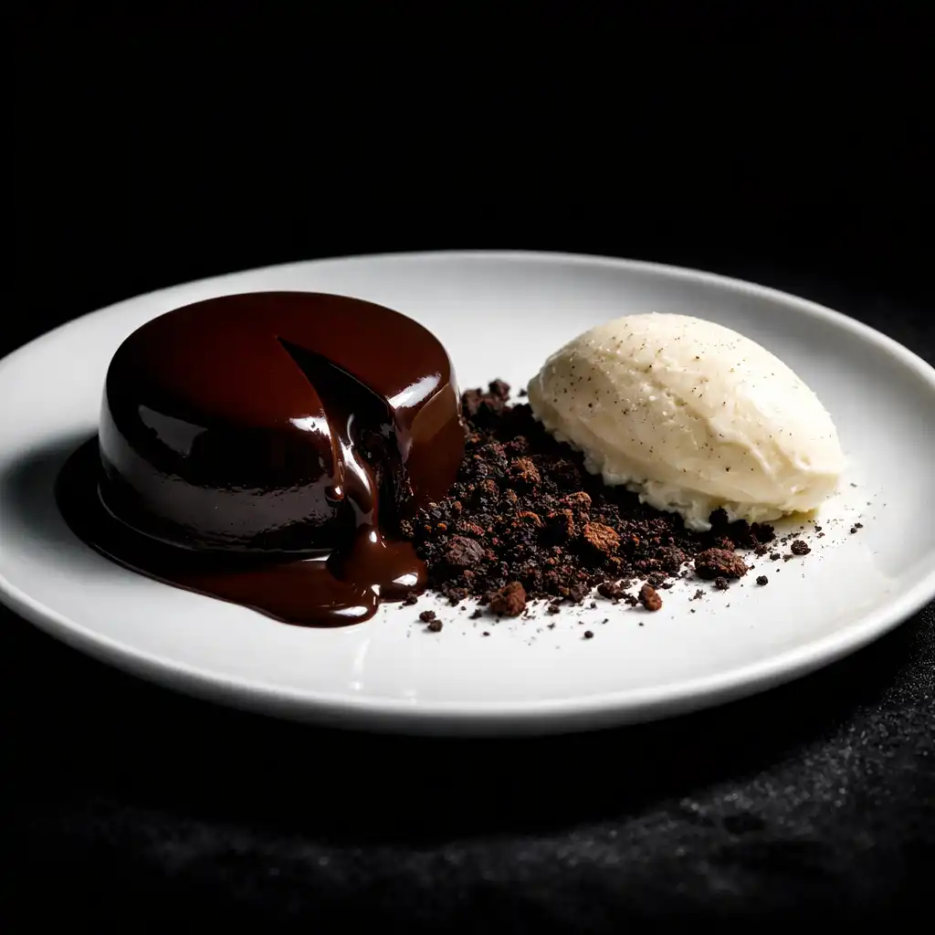 Dark chocolate ganache with espresso soil and vanilla bean ice cream