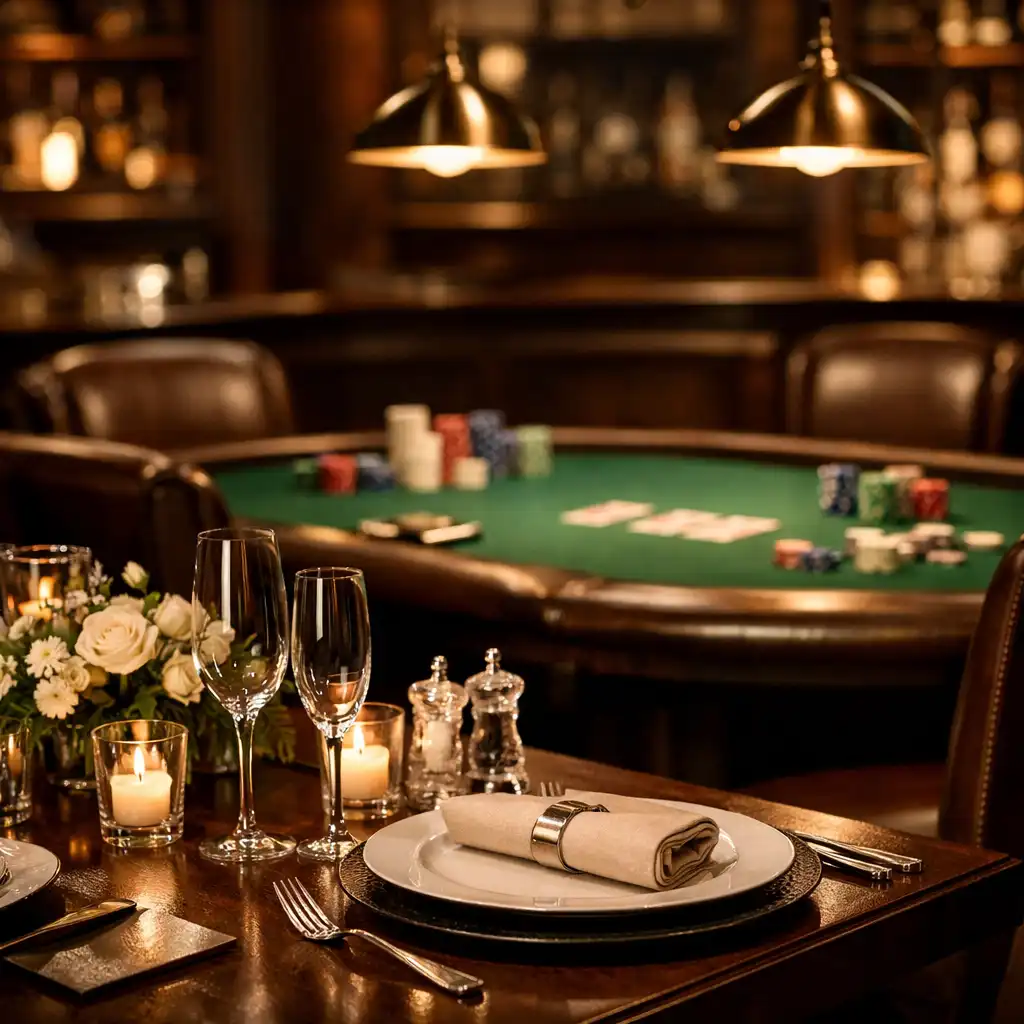 Elegant restaurant evening with a real offline poker table naturally present in the background