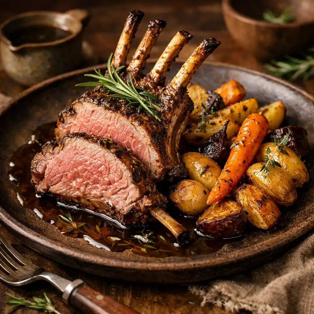 Slow-roasted lamb rack with rosemary jus and seasonal root vegetables