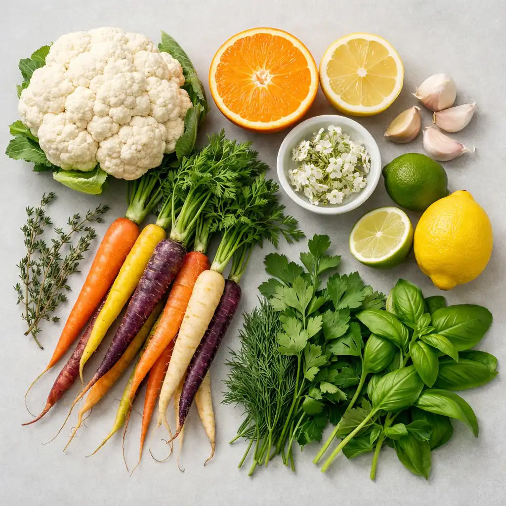 Fresh seasonal produce including heirloom carrots, cauliflower, herbs, and citrus