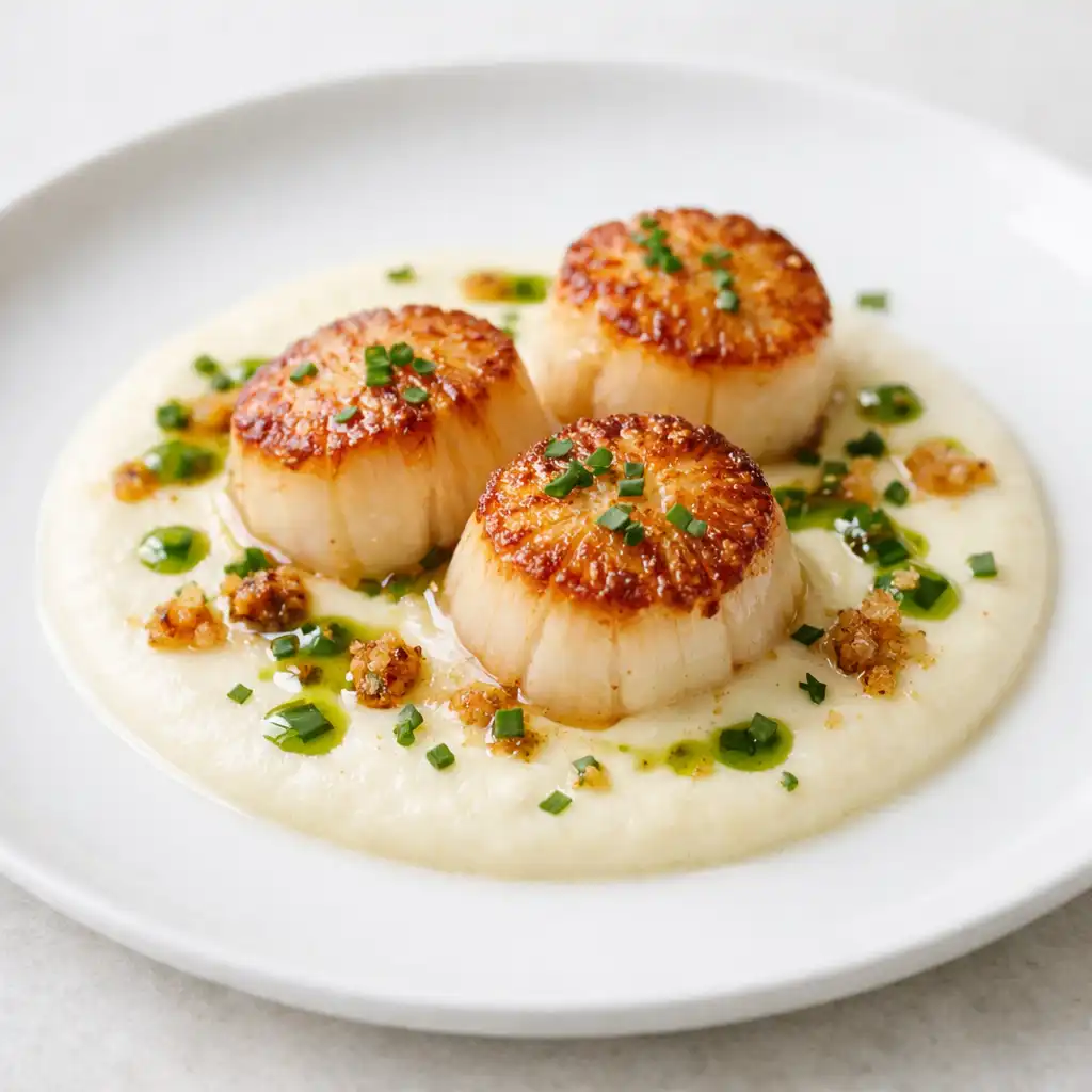 Seared scallops with cauliflower velouté, brown butter, and chive oil
