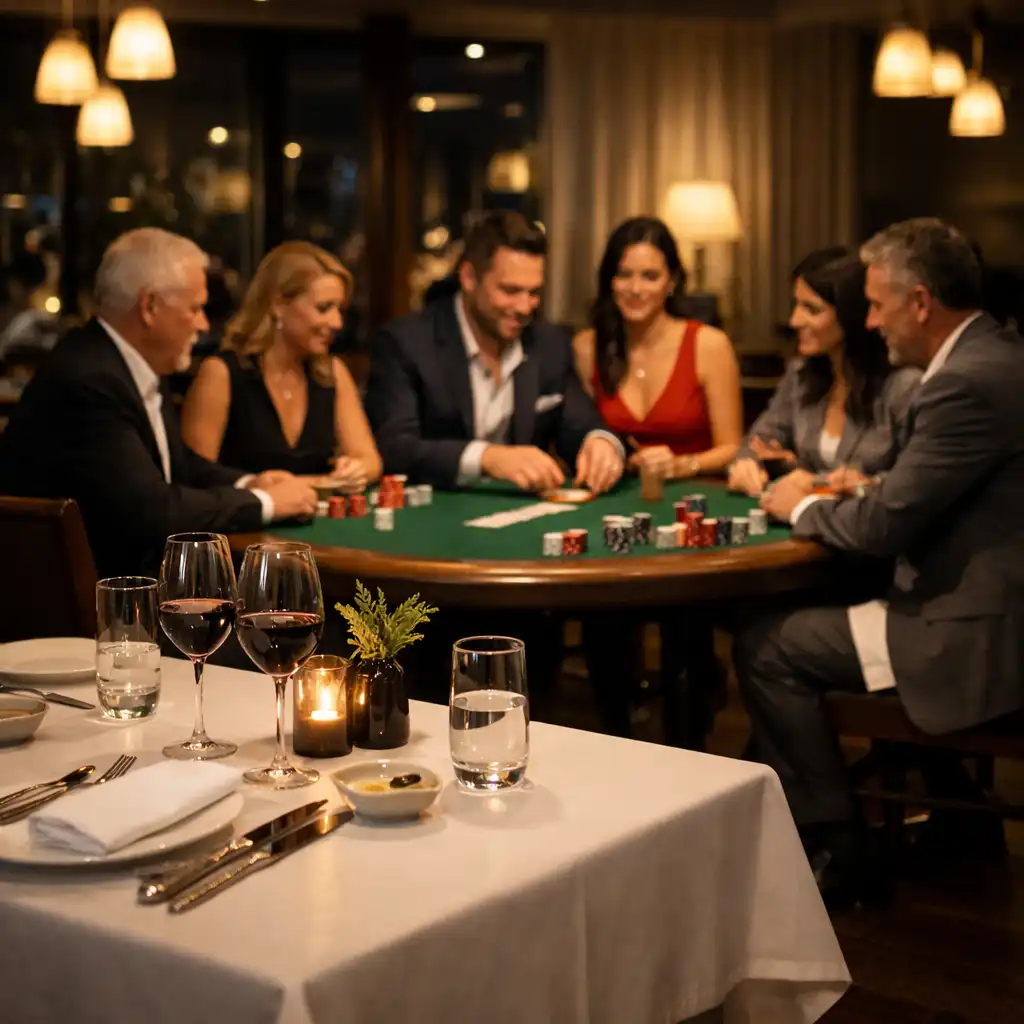 Elegant restaurant evening at Brass & Onyx with a dining table in the foreground and guests at an offline poker table in the background
