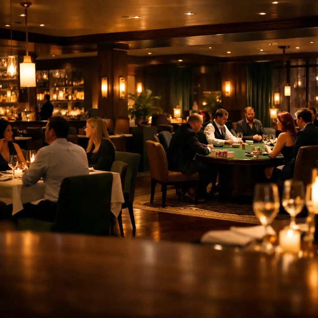 Elegant restaurant interior at Brass and Onyx during the evening, with a real offline poker table visible in the background and guests seated at dining tables.