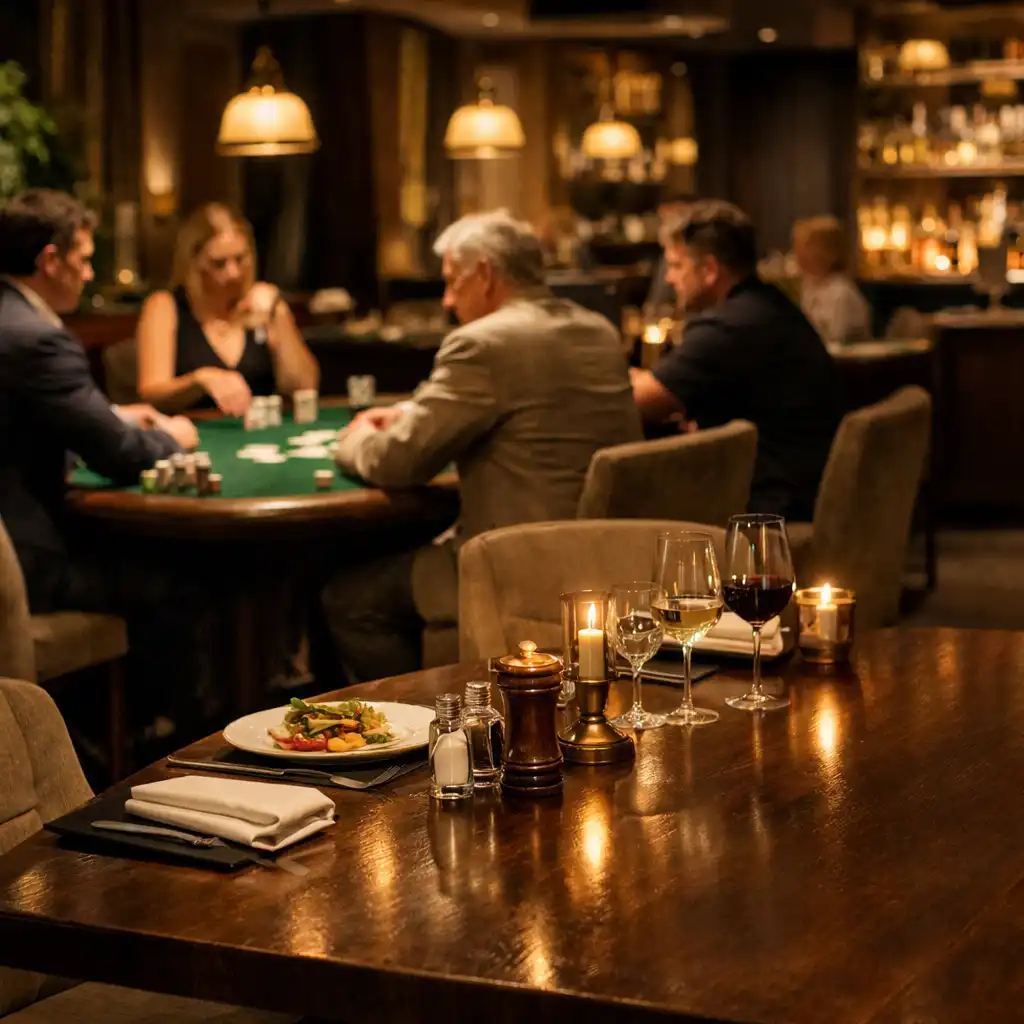 An elegant restaurant evening at Brass & Onyx with a refined offline poker table visible in the background