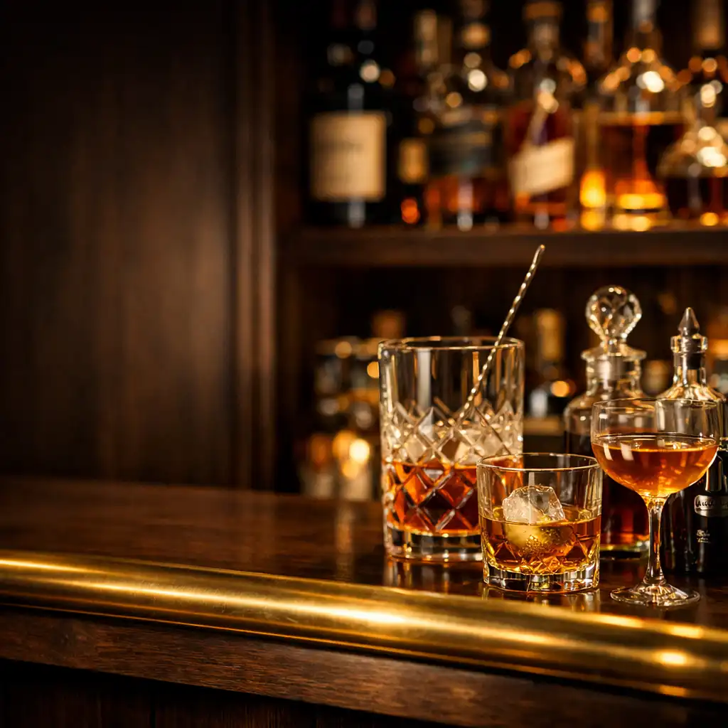 Detail of the bar with a brass rail, glassware, and a selection of spirits