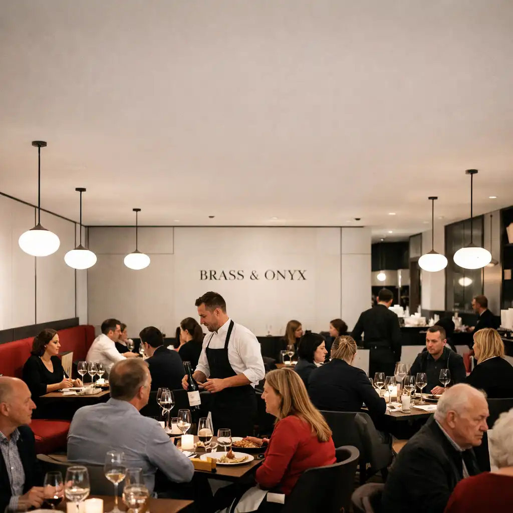The main dining room at Brass & Onyx during service with guests seated and staff attending