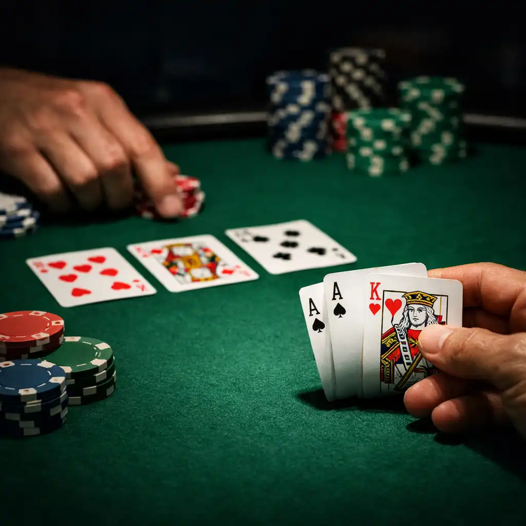 Close-up of hands at a poker table during a Texas Hold'em evening with cards and chips visible