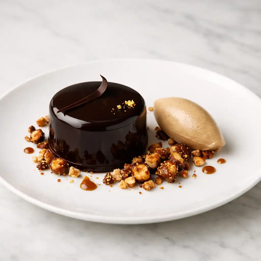 Dark chocolate délice with espresso cream and hazelnut praline
