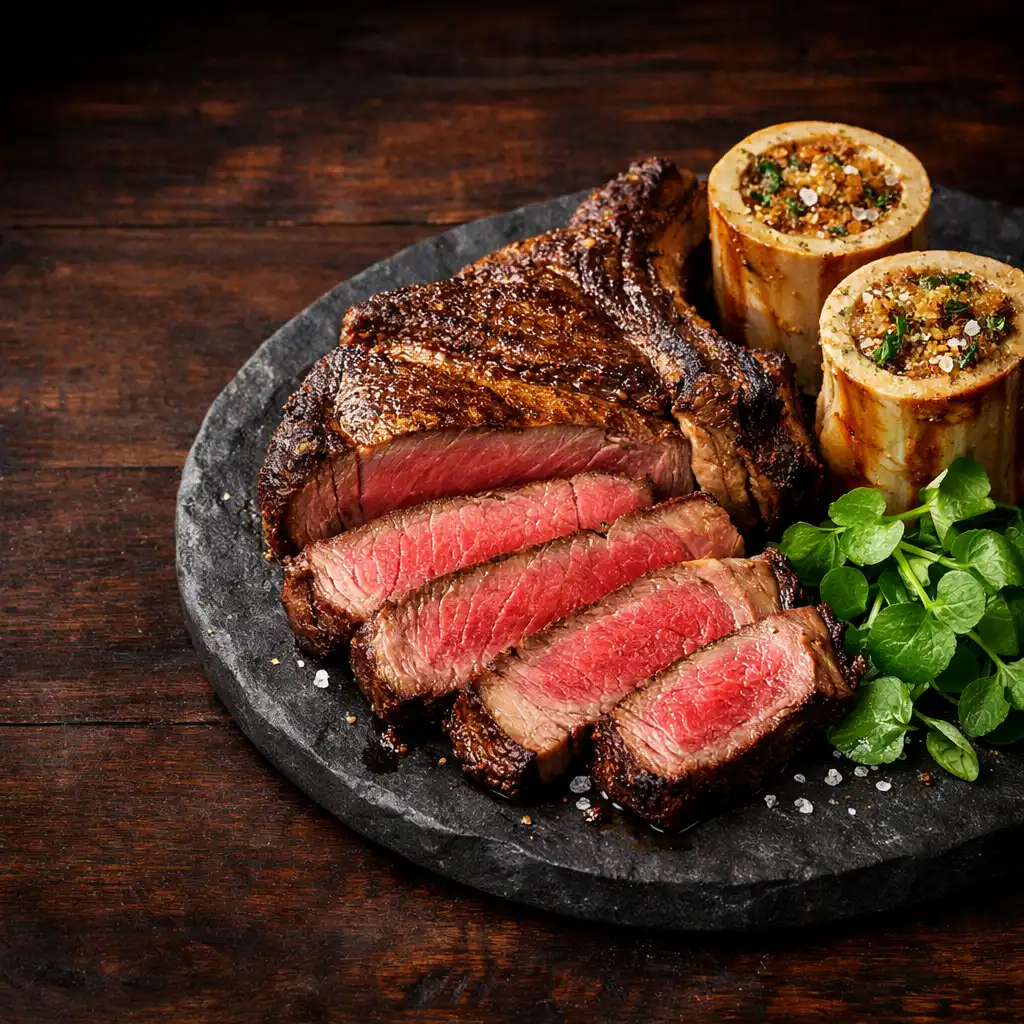 Dry-aged ribeye with roasted bone marrow and watercress