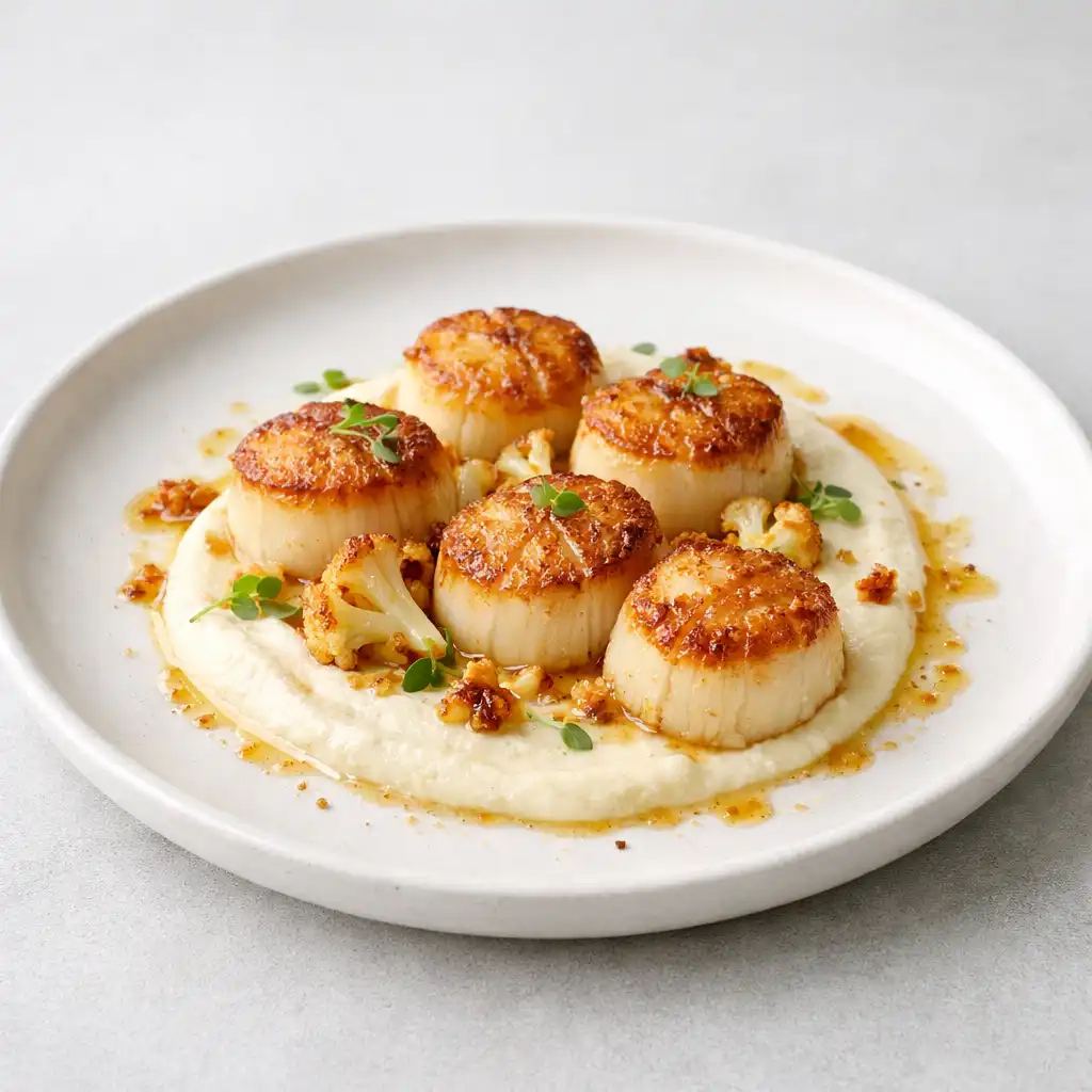 Seared scallops with cauliflower purée and brown butter