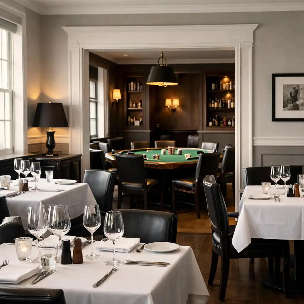 Refined restaurant dining room with a view toward the card lounge