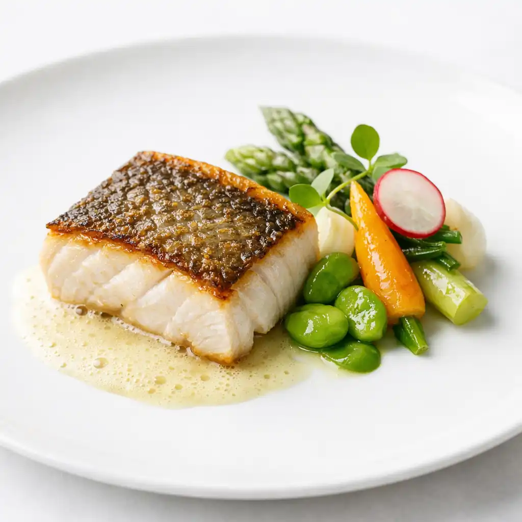 Elegantly plated dish with seared fish and seasonal vegetables