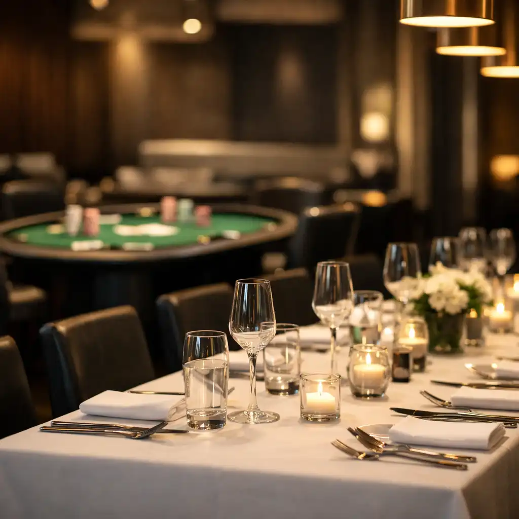 Elegant restaurant dining table with a poker table visible in the background