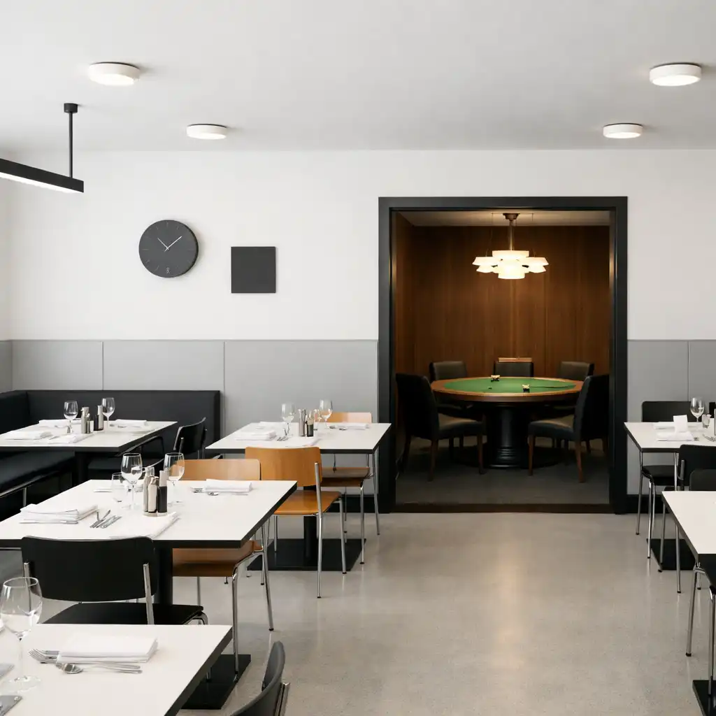 Modern restaurant interior with Swiss modernist design and a doorway leading to the card lounge