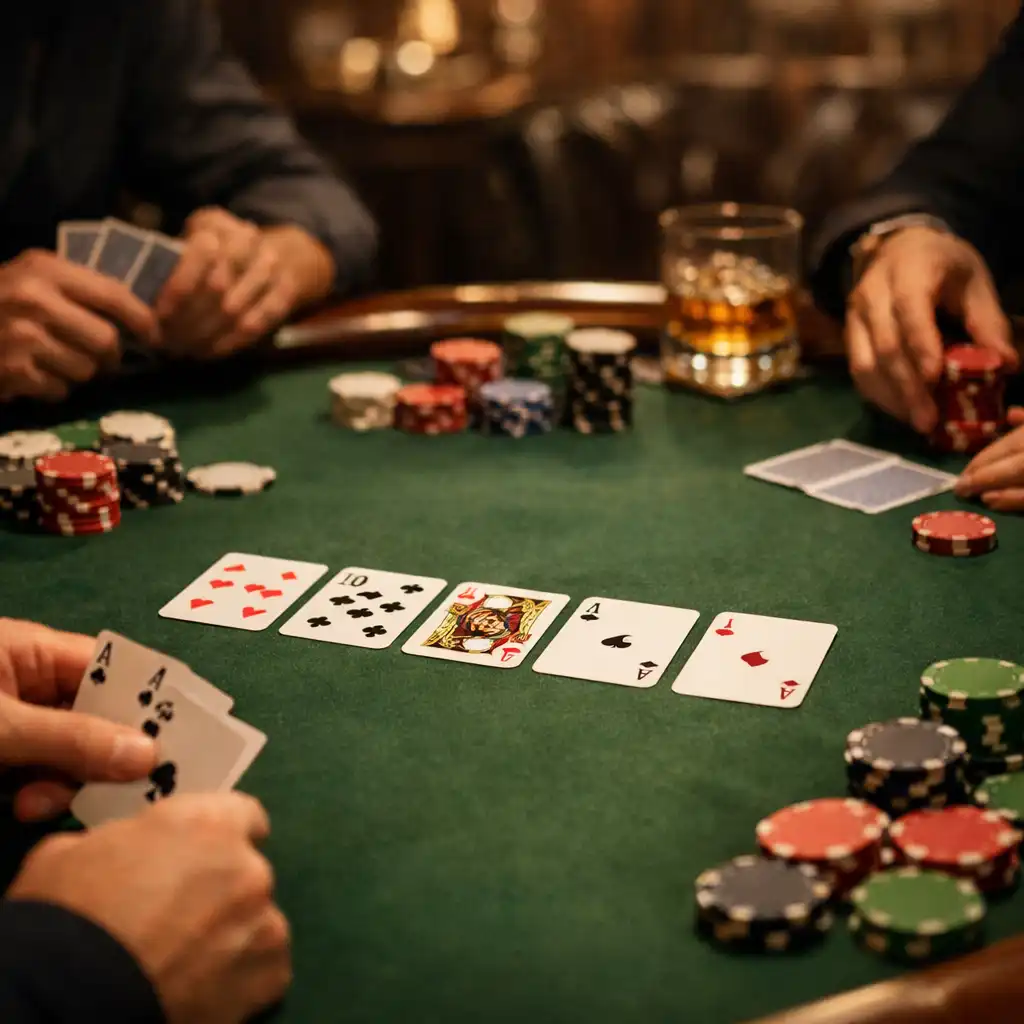 Poker evening in progress with cards and chips as props on a green felt table