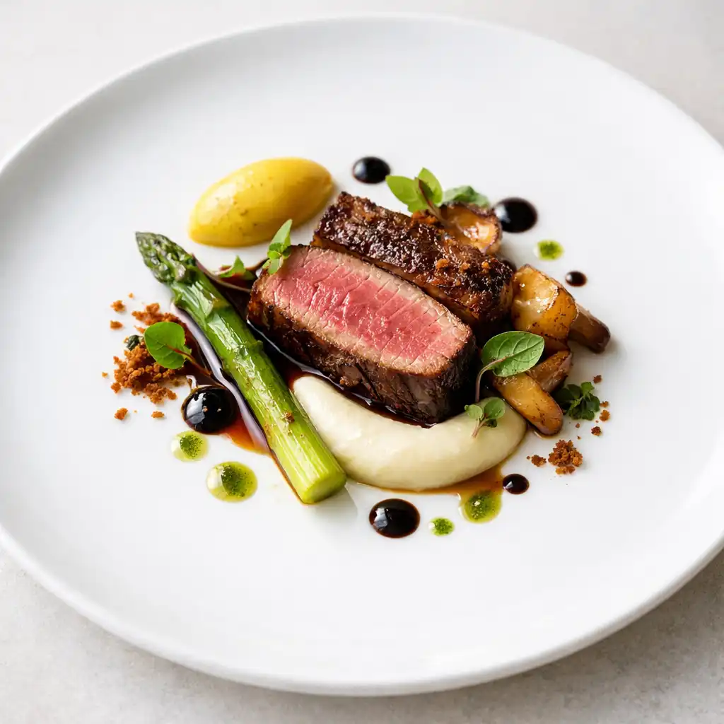 Beautifully plated dish on a white plate at Brass & Onyx, minimal presentation with soft natural lighting