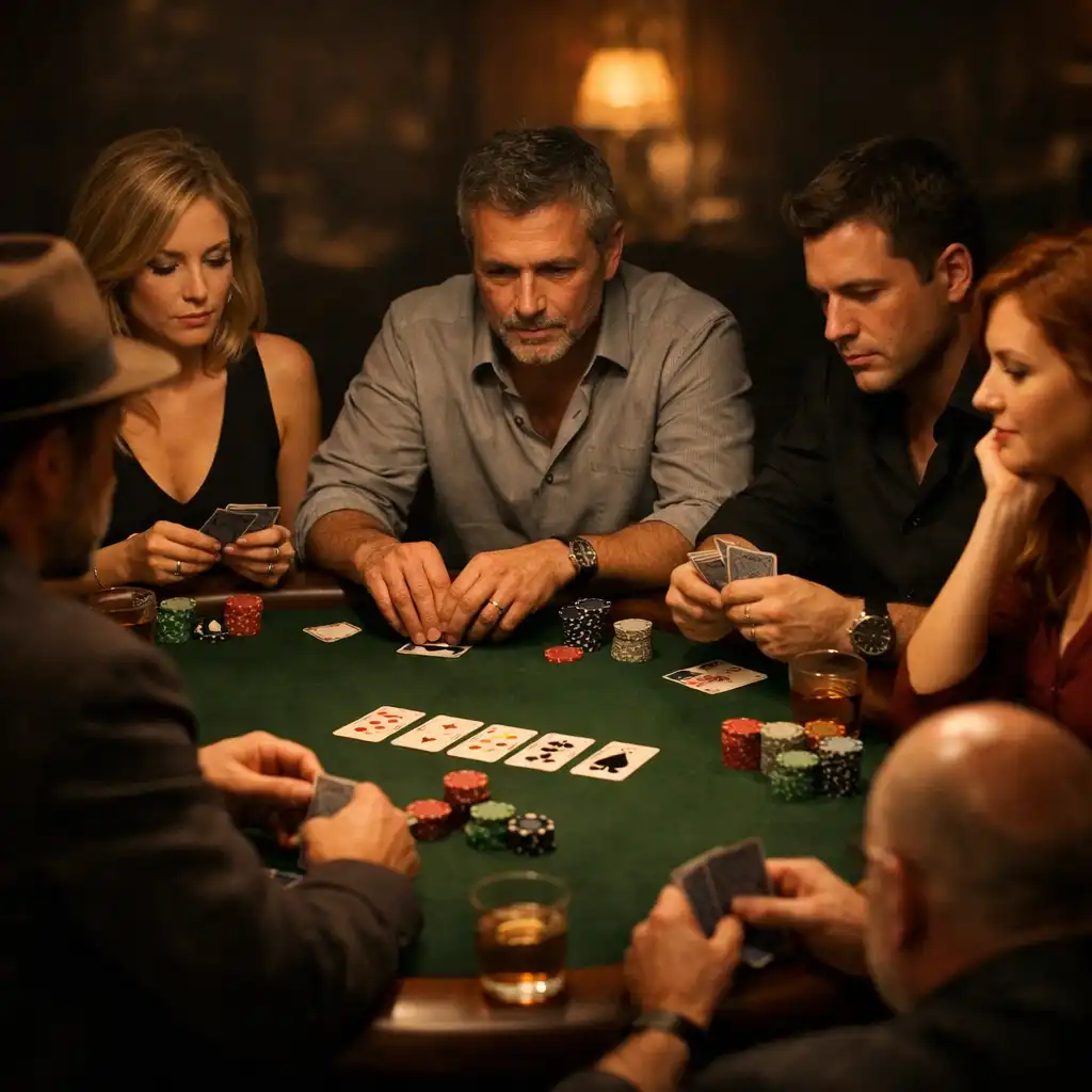 Guests seated around a poker table, engaged in a hand with calm and focused expressions during an offline poker evening.