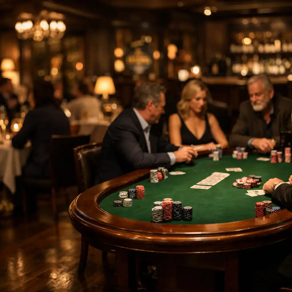 Elegant restaurant evening with guests seated around a polished poker table in the Brass & Onyx card lounge