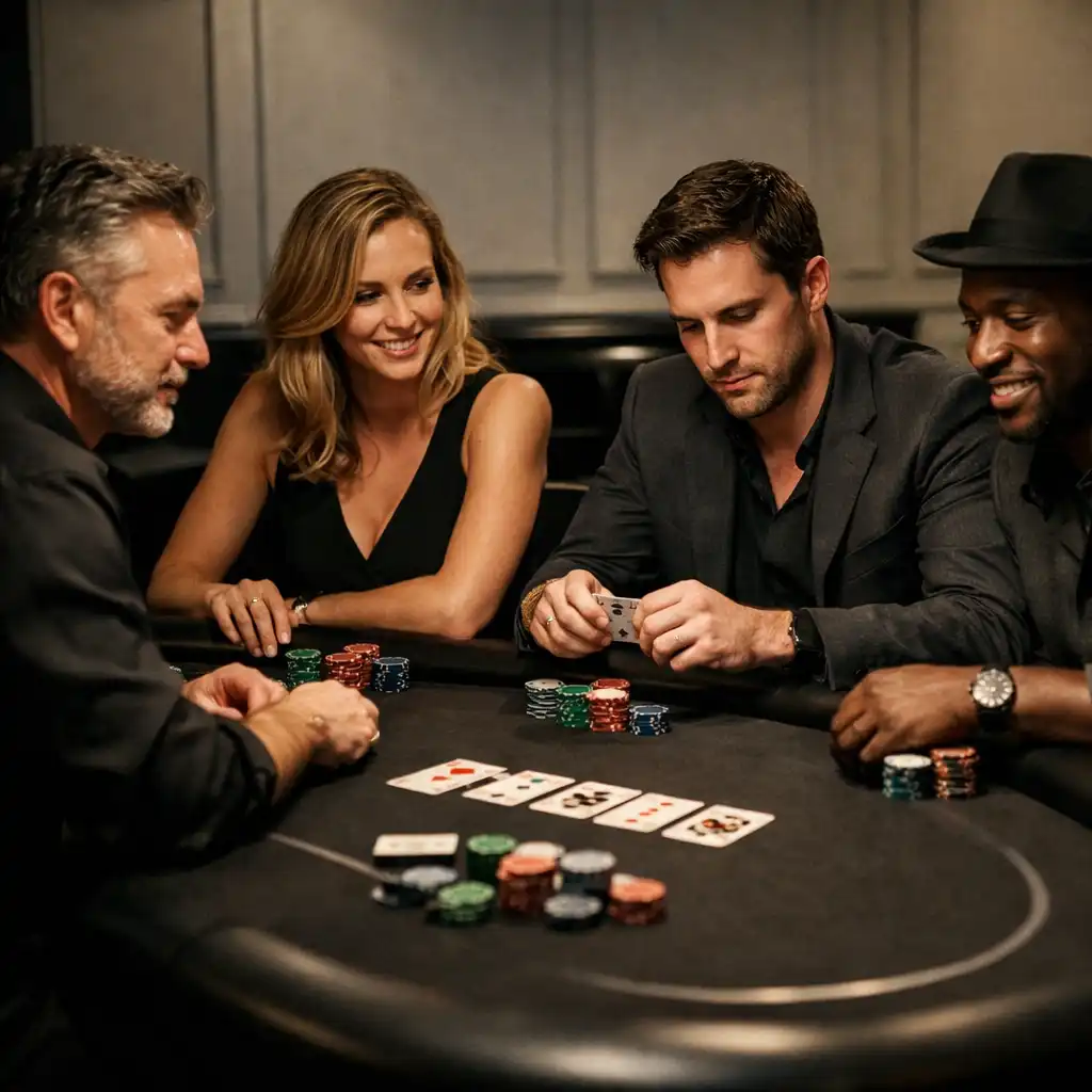 Group of four people seated at a poker table during a poker evening at Brass & Onyx