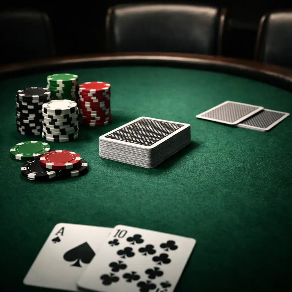 Close-up of a poker table set for a Texas Hold'em evening, with chips arranged as table props and cards neatly stacked.