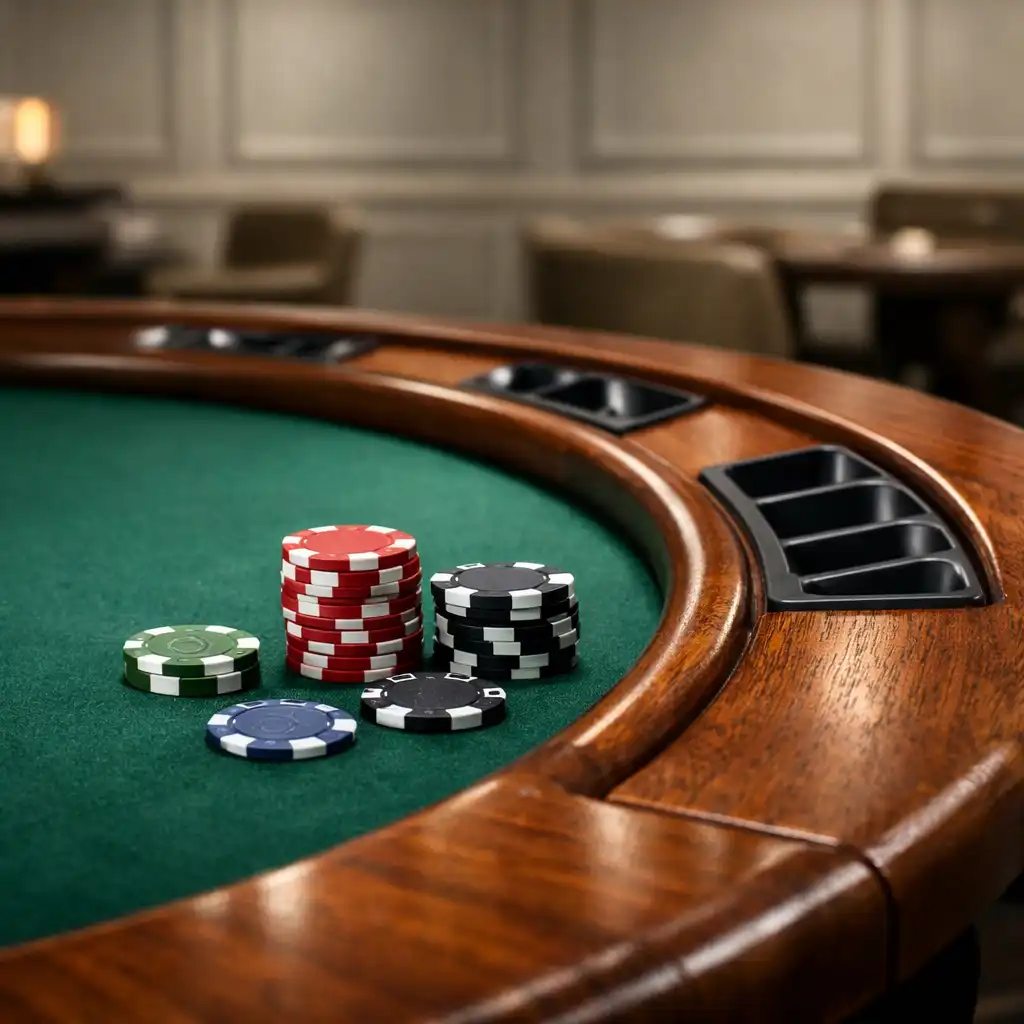 Close-up detail of a custom poker table with deep green felt and wooden rail