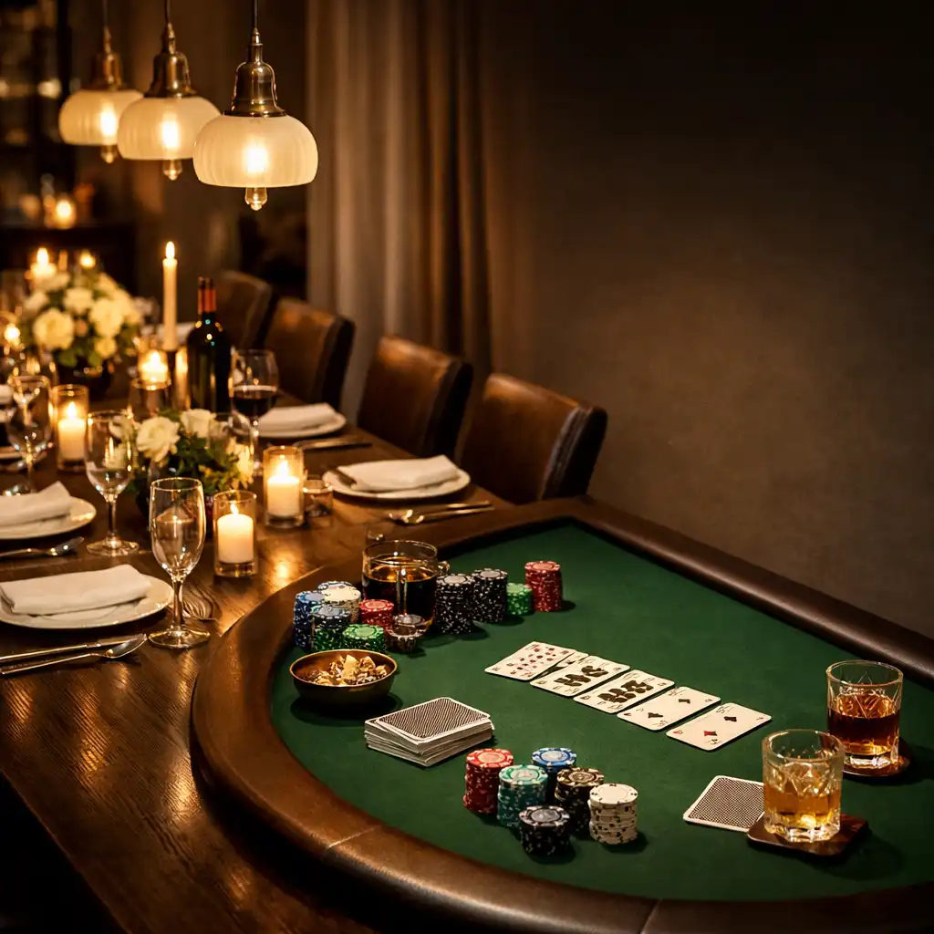 A private gathering table set for fine dining and offline poker with elegant place settings and a poker table topper
