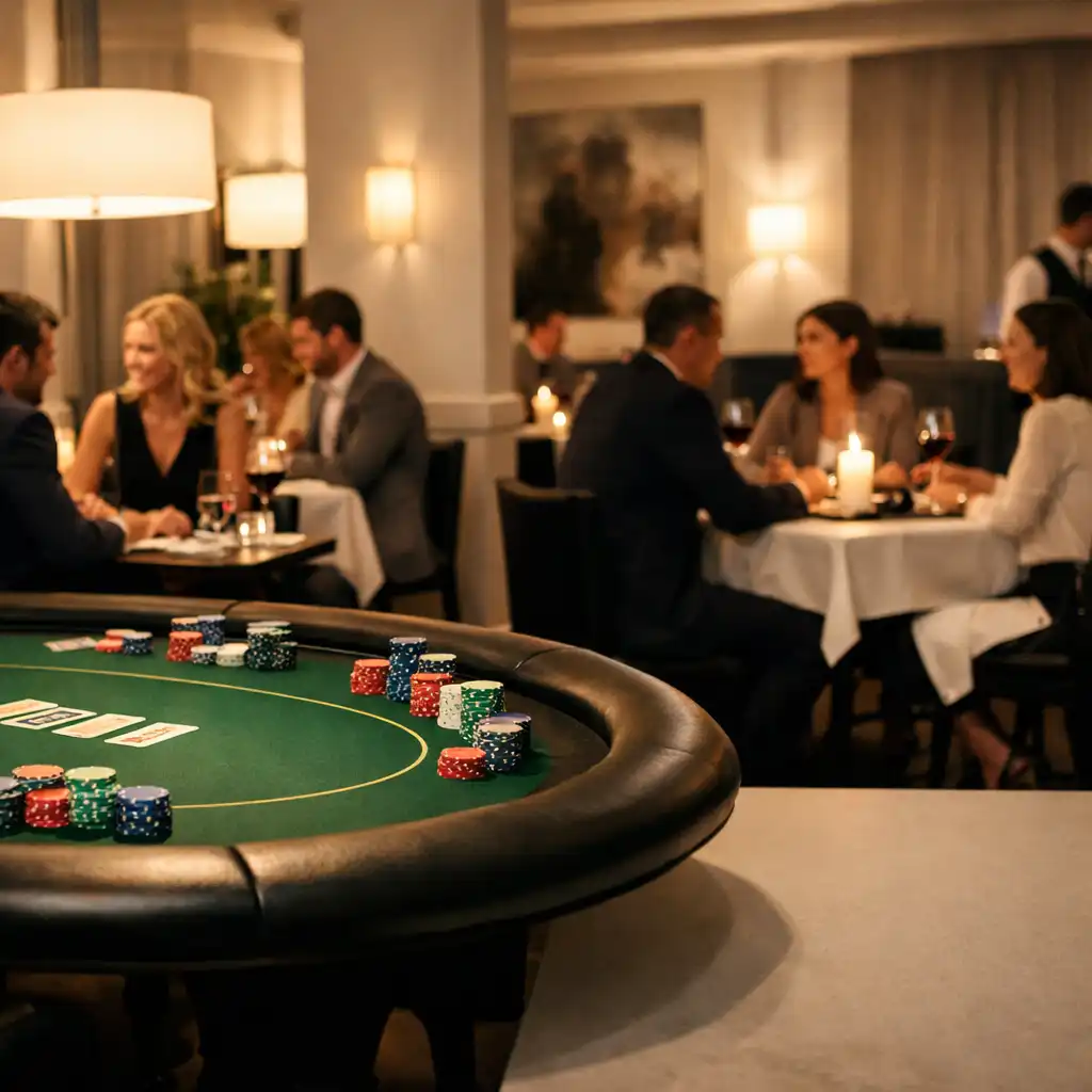 Elegant restaurant evening at Brass & Onyx with a poker table set with chips as props and guests engaged in conversation