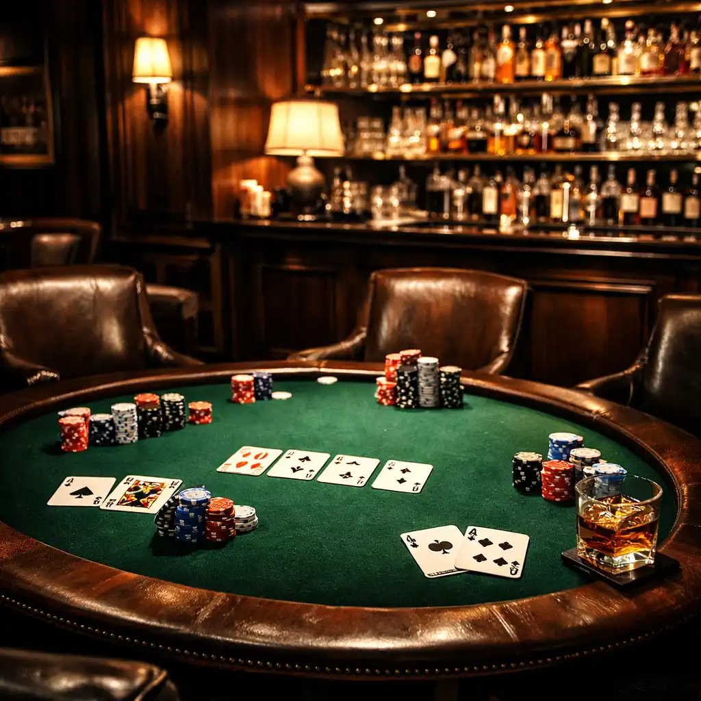 Private poker gathering in an elegant lounge with a round green felt poker table, chips as props, and warm lighting