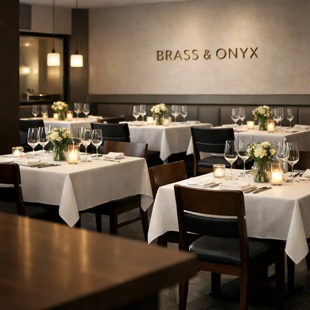The restaurant interior at Brass and Onyx, with elegantly set tables, dark wood chairs, and soft ambient lighting.